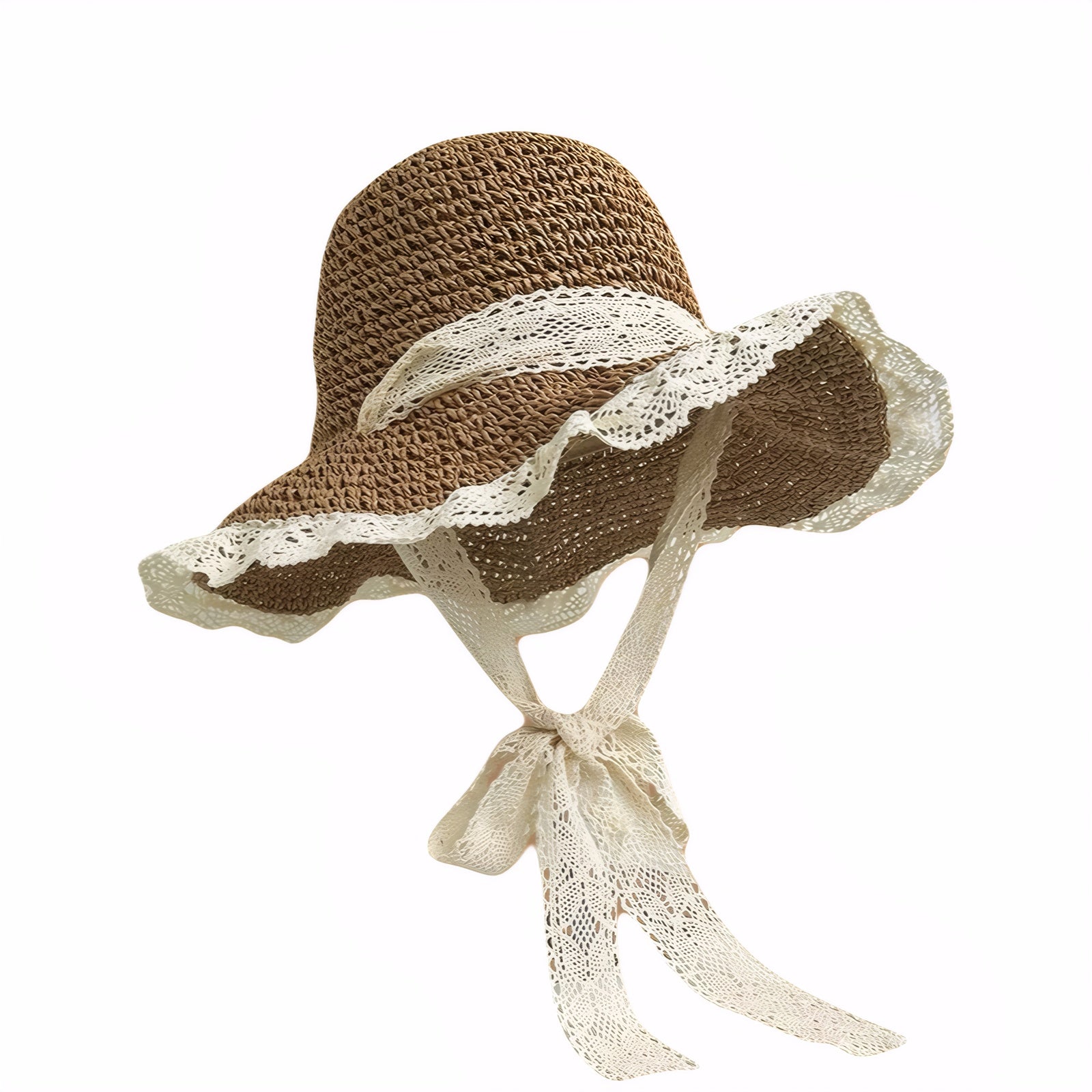 Wide brim straw hat with chin-tie ribbon for women
